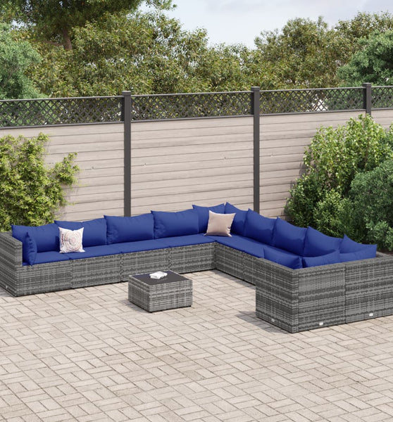 11-tlg. Garten-Sofagarnitur mit Kissen Grau Poly Rattan
