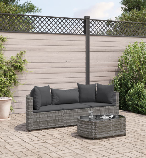 4-tlg. Garten-Sofagarnitur mit Kissen Grau Poly Rattan
