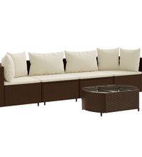 5-tlg. Garten-Sofagarnitur mit Kissen Braun Poly Rattan