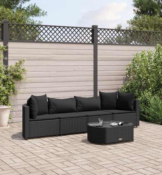 5-tlg. Garten-Sofagarnitur mit Kissen Schwarz Poly Rattan