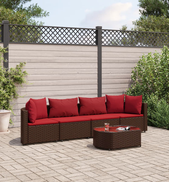 5-tlg. Garten-Sofagarnitur mit Kissen Braun Poly Rattan