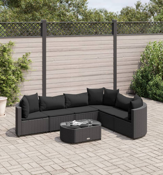 7-tlg. Garten-Sofagarnitur mit Kissen Schwarz Poly Rattan