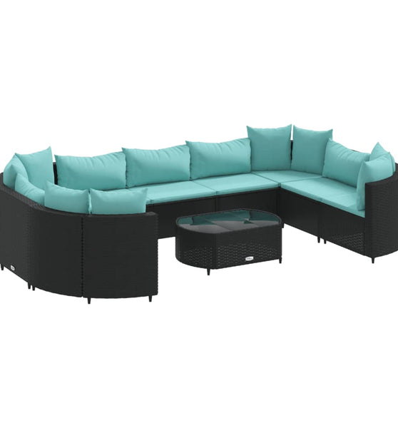 10-tlg. Garten-Sofagarnitur mit Kissen Schwarz Poly Rattan