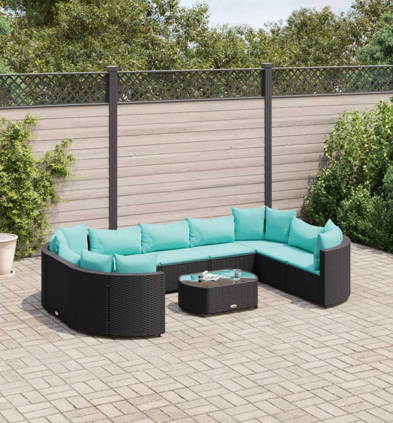 10-tlg. Garten-Sofagarnitur mit Kissen Schwarz Poly Rattan