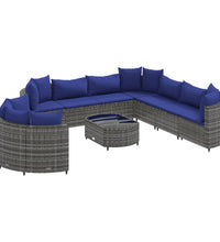 10-tlg. Garten-Sofagarnitur mit Kissen Grau Poly Rattan