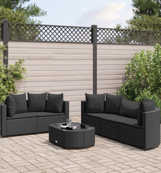 6-tlg. Garten-Sofagarnitur mit Kissen Schwarz Poly Rattan
