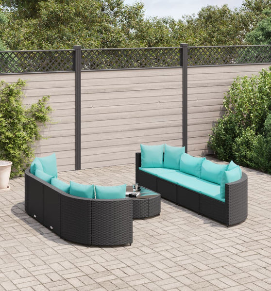 9-tlg. Garten-Sofagarnitur mit Kissen Schwarz Poly Rattan