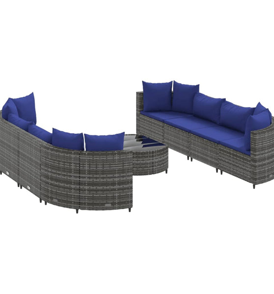 9-tlg. Garten-Sofagarnitur mit Kissen Grau Poly Rattan
