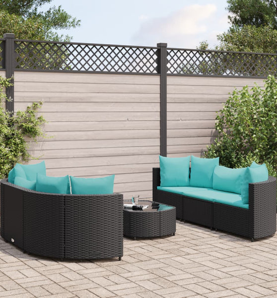 7-tlg. Garten-Sofagarnitur mit Kissen Schwarz Poly Rattan