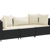 3-tlg. Garten-Sofagarnitur mit Kissen Schwarz Poly Rattan