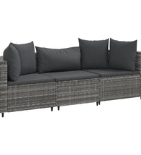 3-tlg. Garten-Sofagarnitur mit Kissen Grau Poly Rattan