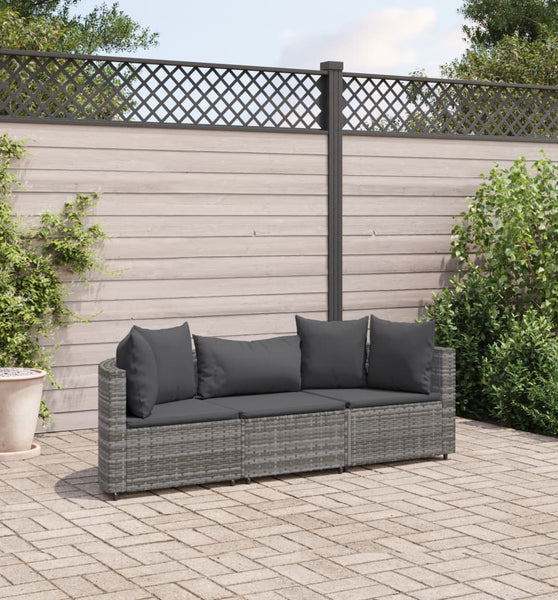 3-tlg. Garten-Sofagarnitur mit Kissen Grau Poly Rattan