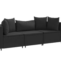 3-tlg. Garten-Sofagarnitur mit Kissen Schwarz Poly Rattan