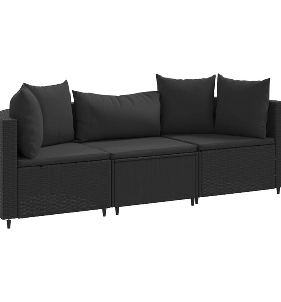 3-tlg. Garten-Sofagarnitur mit Kissen Schwarz Poly Rattan
