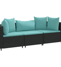3-tlg. Garten-Sofagarnitur mit Kissen Schwarz Poly Rattan