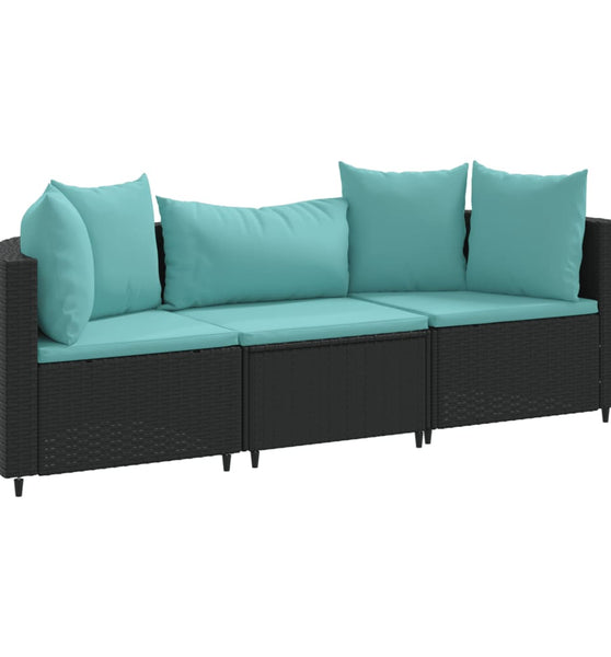 3-tlg. Garten-Sofagarnitur mit Kissen Schwarz Poly Rattan