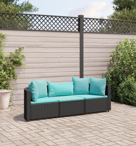 3-tlg. Garten-Sofagarnitur mit Kissen Schwarz Poly Rattan
