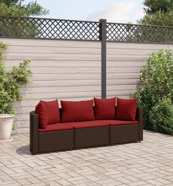 3-tlg. Garten-Sofagarnitur mit Kissen Braun Poly Rattan