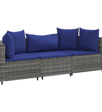 3-tlg. Garten-Sofagarnitur mit Kissen Grau Poly Rattan
