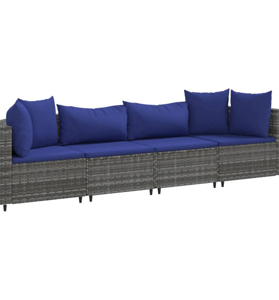 4-tlg. Garten-Sofagarnitur mit Kissen Grau Poly Rattan