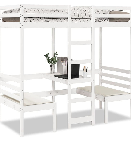 Hochbett mit Schreibtisch & Stühlen Weiß 80x200 cm Kiefernholz