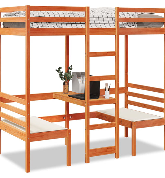 Hochbett mit Schreibtisch & Stühlen Braun 80x200 cm Kiefernholz