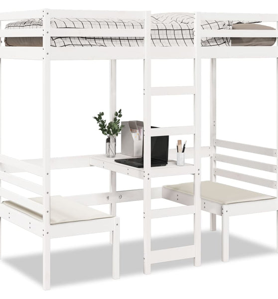 Hochbett mit Schreibtisch & Stühlen Weiß 90x190 cm Kiefernholz