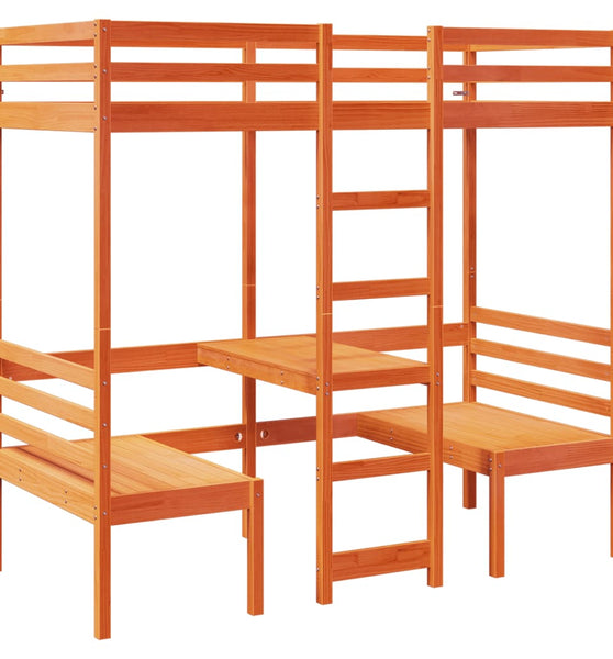 Hochbett mit Schreibtisch & Stühlen Braun 90x190 cm Kiefernholz