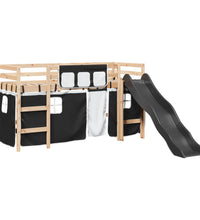 Kinderhochbett mit Vorhängen Weiß und Schwarz Massivholz Kiefer