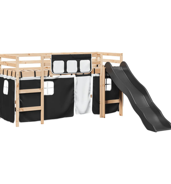 Kinderhochbett mit Vorhängen Weiß und Schwarz Massivholz Kiefer