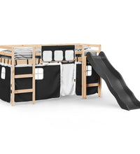 Kinderhochbett mit Vorhängen Weiß und Schwarz Massivholz Kiefer