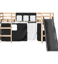 Kinderhochbett mit Vorhängen Weiß und Schwarz Massivholz Kiefer