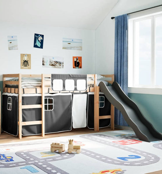 Kinderhochbett mit Vorhängen Weiß und Schwarz Massivholz Kiefer