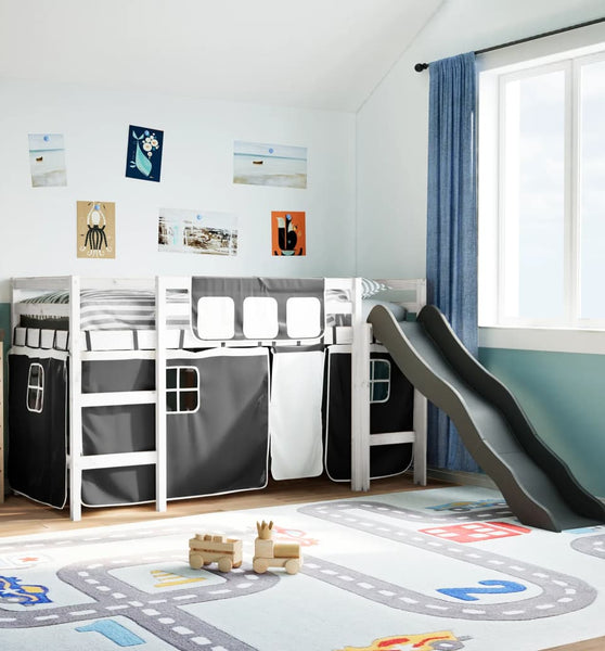 Kinderhochbett mit Vorhängen Weiß und Schwarz Massivholz Kiefer
