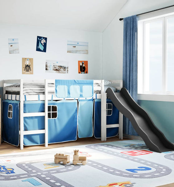 Kinderhochbett mit Vorhängen Blau 80x200 cm Massivholz Kiefer