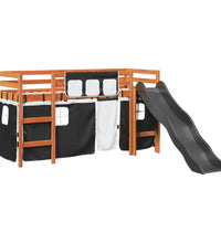 Kinderhochbett mit Vorhängen Weiß und Schwarz Massivholz Kiefer