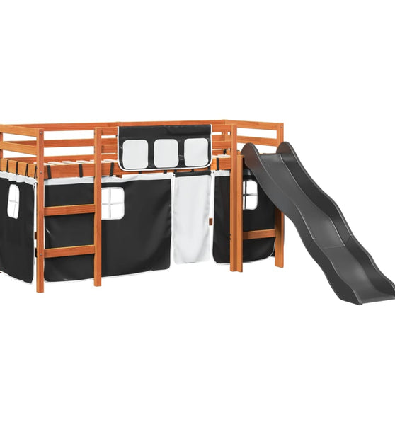 Kinderhochbett mit Vorhängen Weiß und Schwarz Massivholz Kiefer