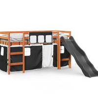 Kinderhochbett mit Vorhängen Weiß und Schwarz Massivholz Kiefer