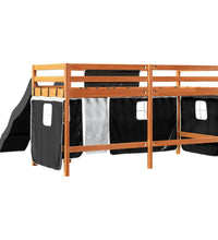 Kinderhochbett mit Vorhängen Weiß und Schwarz Massivholz Kiefer