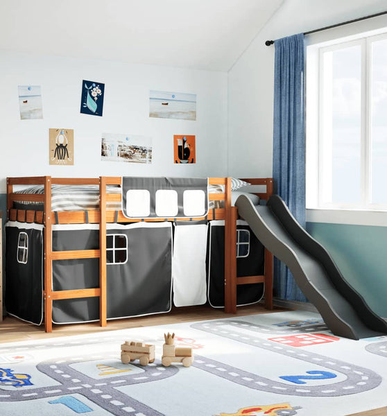Kinderhochbett mit Vorhängen Weiß und Schwarz Massivholz Kiefer
