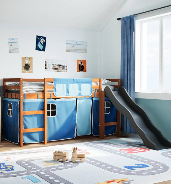 Kinderhochbett mit Vorhängen Blau 80x200 cm Massivholz Kiefer
