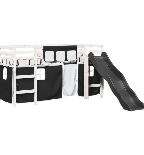 Kinderhochbett mit Vorhängen Weiß Schwarz 90x200 cm Kiefernholz