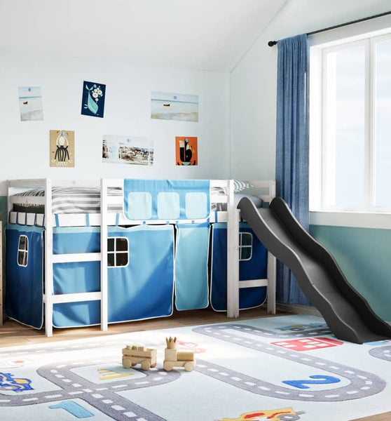 Kinderhochbett mit Vorhängen Blau 90x200 cm Massivholz Kiefer
