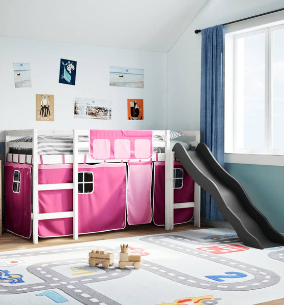 Kinderhochbett mit Vorhängen Rosa 90x200 cm Massivholz Kiefer