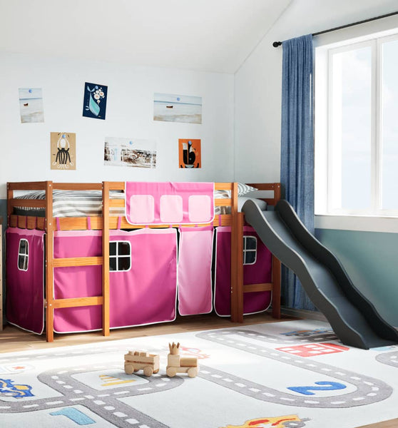 Kinderhochbett mit Vorhängen Rosa 90x200 cm Massivholz Kiefer