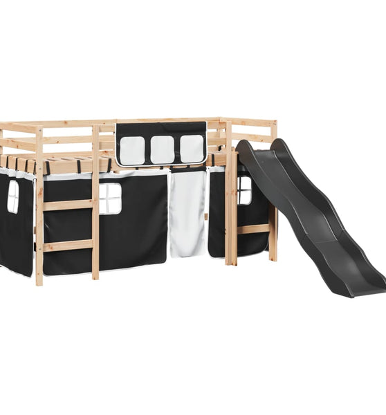 Kinderhochbett mit Vorhängen Weiß Schwarz 90x190 cm Kiefernholz