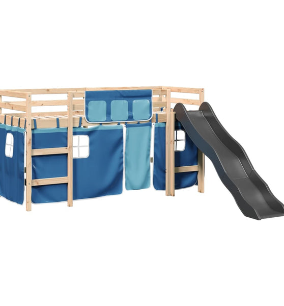 Kinderhochbett mit Vorhängen Blau 90x190 cm Massivholz Kiefer