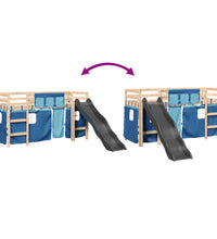 Kinderhochbett mit Vorhängen Blau 90x190 cm Massivholz Kiefer