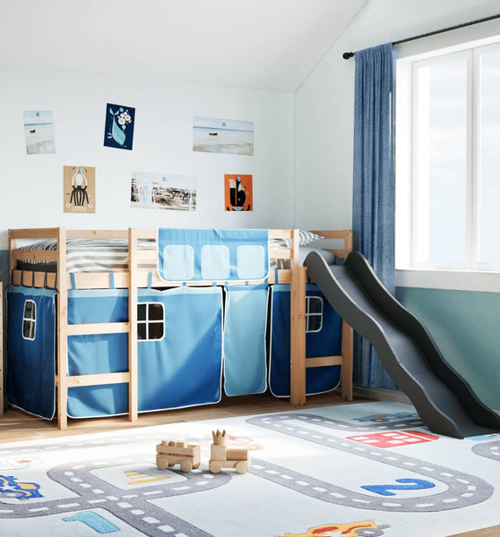 Kinderhochbett mit Vorhängen Blau 90x190 cm Massivholz Kiefer