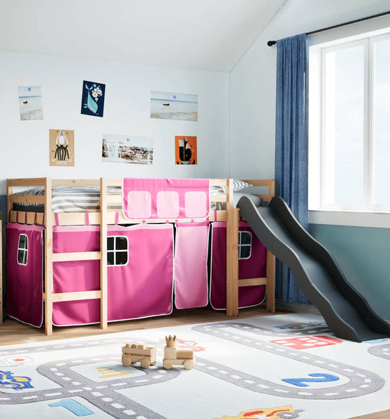 Kinderhochbett mit Vorhängen Rosa 90x190 cm Massivholz Kiefer